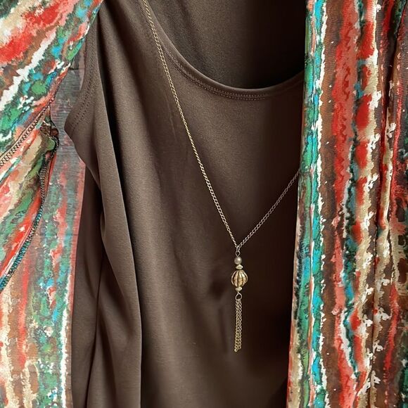 NOTATIONS Womens Brown Tank Top Boho Open-Front Blouse with Necklace Suze PS - Picture 5 of 10